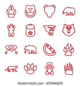 Bear icons set. set of 16 bear outline icons such as animal paw, panther, baby toy