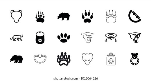 Bear icons. set of 18 editable filled and outline bear icons: animal paw, bear, baby toy, paw