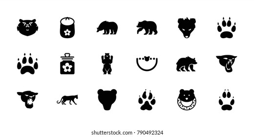 Bear icons. set of 18 editable filled bear icons: animal paw, bear, panther, baby toy