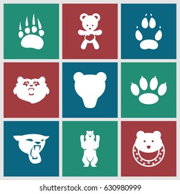 Bear icons set. set of 9 bear filled icons such as animal paw, panther, baby toy