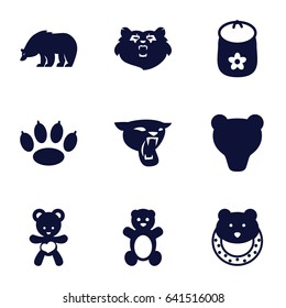 Bear icons set. set of 9 bear filled icons such as panther, baby toy