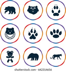 Bear icons set. set of 9 bear filled icons such as animal paw, panther, baby toy