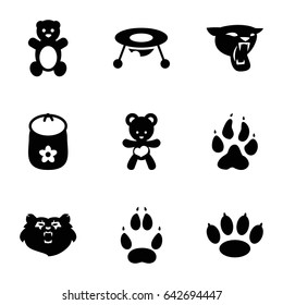 Bear icons set. set of 9 bear filled icons such as animal paw, panther, baby toy