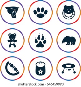 Bear icons set. set of 9 bear filled icons such as animal paw, panther, baby toy