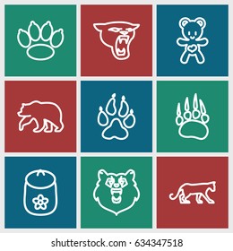 Bear icons set. set of 9 bear outline icons such as animal paw, panther, baby toy