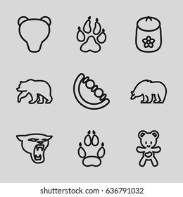 Bear icons set. set of 9 bear outline icons such as animal paw, panther