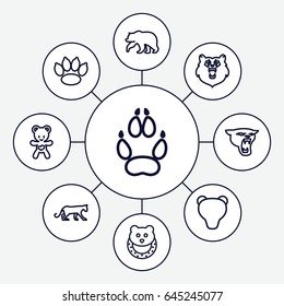 Bear icons set. set of 9 bear outline icons such as panther, animal paw, baby toy
