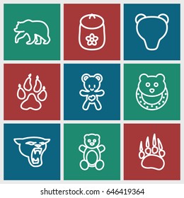 Bear icons set. set of 9 bear outline icons such as animal paw, panther