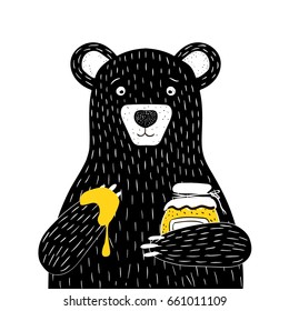 Bear illustration with bottle of honey vector illustration