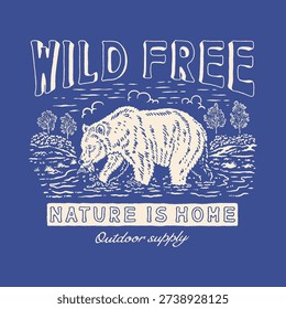 bear illustration fish graphic river design forest badge nature vintage animal