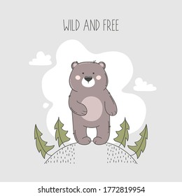 Bear illustration in forest with wild and free lettering.