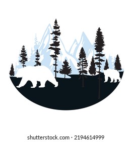 Bear illustration. Mountain bear and forest illustration vector.
