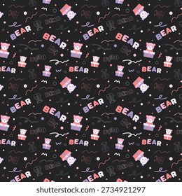 Bear illustration pattern on black background. Cute cartoon pattern. Bear in a box. cute vector pattern for gift wrapping paper , print on textile, wallpaper and backdrop