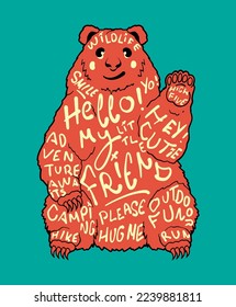 Bear illustration with slogans and wordings related outdoor adventure for kids' t shirt and poster print design