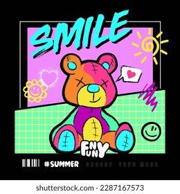 Bear illustration with smile slogan. Vector graphic design for t-shirt.