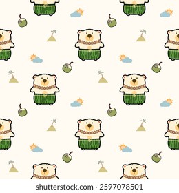Bear islanders cartoon so cute. On tree cloud sun coconut background. Pattern seamless vector illustration. 