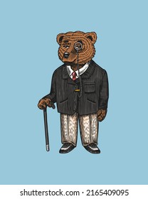 Bear in a jacket with a monocle and a cane. Fashion animal character in vintage costume. Hand drawn sketch. Retro look. Vector engraved illustration for logo and tattoo or T-shirts.