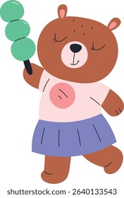 A bear joyfully dances while holding an ice cream cone in a playful cartoon style. The cheerful animal wears a skirt and shirt, enjoying a treat in a lively pose. Cartoon vector illustration.