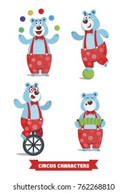 Bear juggler, riding one wheel bike in the Amazing Circus Show, Sing song. Vector illustration.