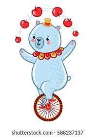 Bear juggles apples, riding one wheel bike in the Amazing Circus Show. Vector illustration.