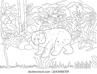 Bear in the Jungle Line Art for Coloring, Black and white outline illustration of a bear walking through a jungle or forest environment, suitable as a coloring page or graphic element.