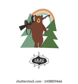Bear with a Kalashnikov in the woods. Vector illustration.