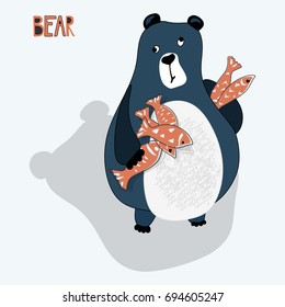 Bear keeps fish in its paws. Painted funny bear