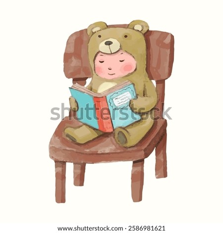 Bear kid and book. children illustration. watercolor vector. animal cartoon. reading and education concept artwork.
