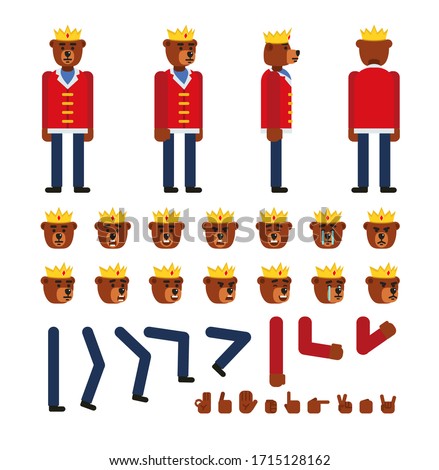 Bear king character in red mantle creation kit. Create your own pose, action, animation. Minimal design vector illustration