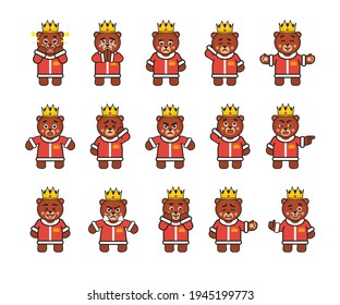 Bear king characters set showing various emotions, facial expressions. Modern vector illustration