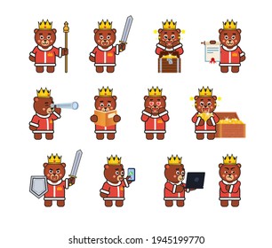 Bear king characters set in various situations. Modern vector illustration