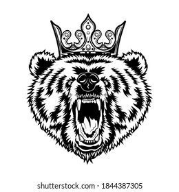 Bear king vector illustration. Head of angry roaring animal with royal crown. Power concept for tattoo templates, wildlife or leadership topics