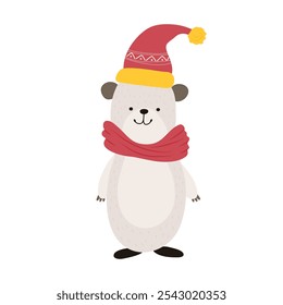 Bear in knit hat and scarf in flat design. Cute animal celebrates Christmas. Vector illustration isolated.