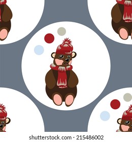 Bear in knit scarf hat snow winter christmas background