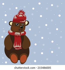 Bear in knit scarf hat snow winter christmas background