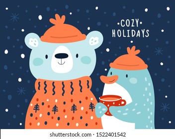 Bear in knitted sweater and baby penguin. Cozy holidays. Festive illustration for Happy New Year 2020, Christmas. Childish cute cartoon animals, vector hand drawn in flat style