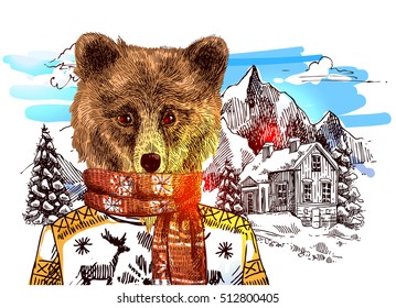 Bear in knitted sweater in mountains. Vector illustration for greeting card, poster, or print on clothes. Fashion Style drawing. Hipster.