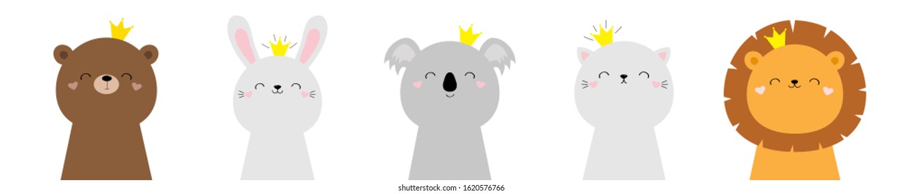 Bear koala cat lion bunny rabbit hare face head icon set. Scandinavian style. Golden crown. Cute kawaii cartoon funny baby character. Kids print for poster, t-shirt. Love White background Flat Vector