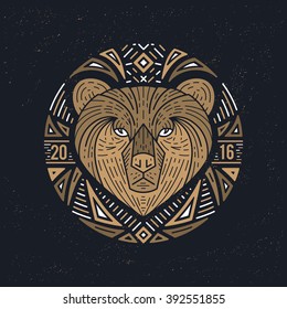 Bear label design. Vintage style. T-shirt print, poster, emblem, book cover.