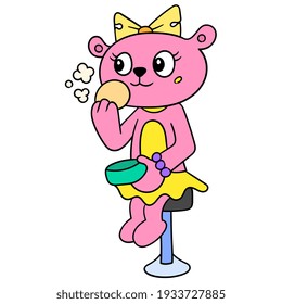 bear lady is dressing up pretty face make up to be pretty, vector illustration art. doodle icon image kawaii.