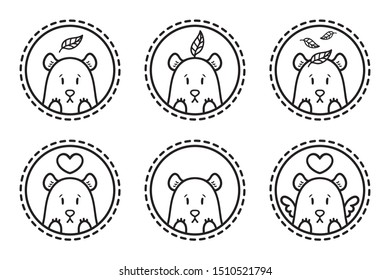 Bear with leaf vector logo set of illustration. Bear with heart. Bear with heart and wings. Outline logo set. Set of bear emblems, icons, labels. Vector illustration isolated on white background.