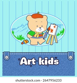 bear learning to paint, Animal Cartoon, isolated Flat Vector Illustration
