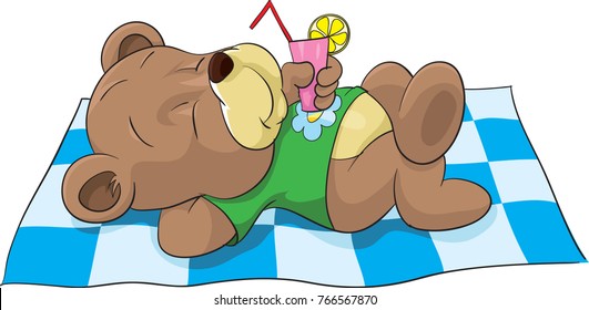 Bear with lemonade taking sunbath, resting bear glass lemon sunbath blanket