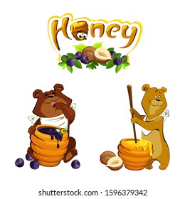 Bear licks his paw. Bear stirs honey. Blueberries, nuts, honey. Vector illustration. Cartoon characters