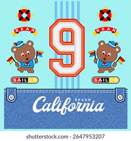 bear lifeguard with flag, Animal Cartoon, Flat Vector Illustration