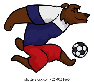 Bear like an athletic soccer player, kicking the ball and wearing the Russian uniform. Design in cartoon style.