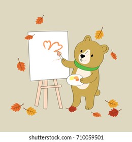 A bear likes drawing and it's drawing beautiful flowers. At the park in the autumn vector.