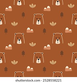 Bear line cartoon so cute. On grass mountain tree brown background. Pattern seamless vector illustration. 
