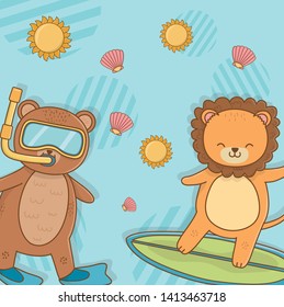 Bear and lion cartoon in summer season design