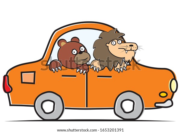 Bear and lion driving car. Funny vector\
illustration for\
children.